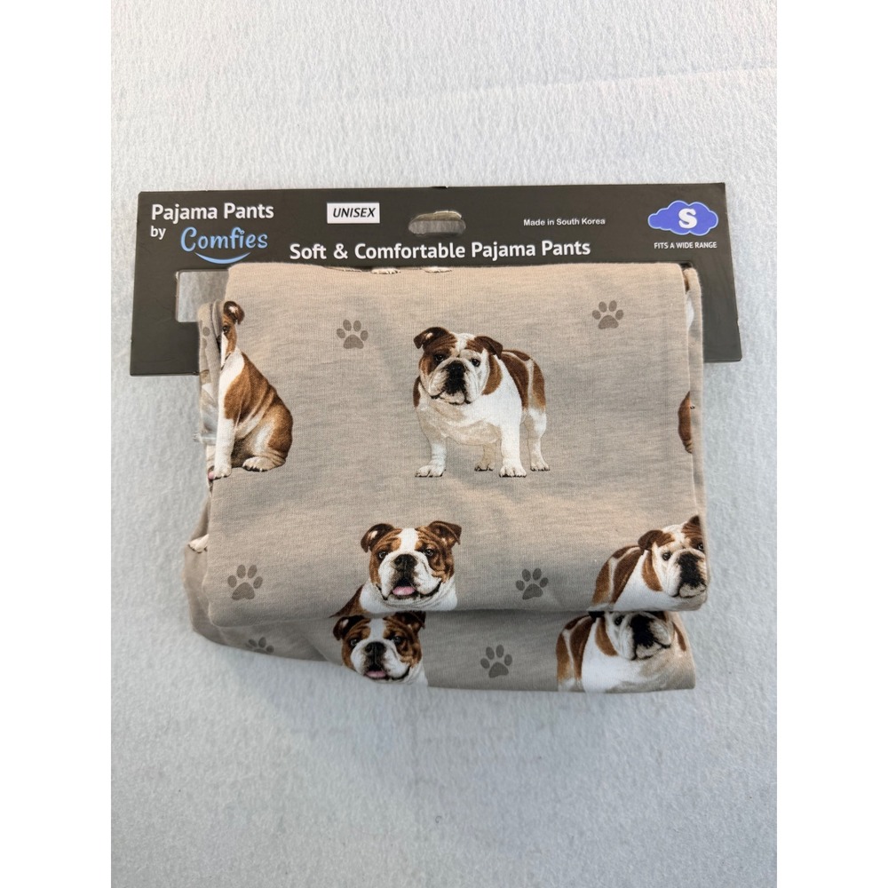 Comfies Unisex English Bulldog Pajama Pants Tan Cotton Blend Size S NEW